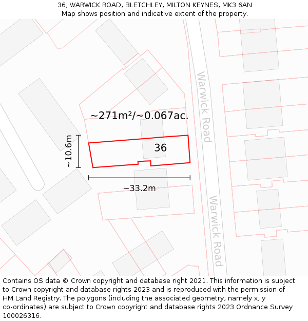 36, WARWICK ROAD, BLETCHLEY, MILTON KEYNES, MK3 6AN: Plot and title map