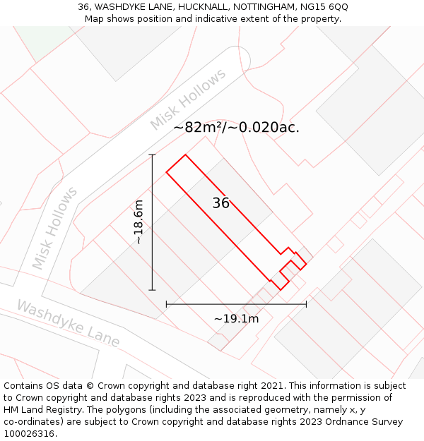 36, WASHDYKE LANE, HUCKNALL, NOTTINGHAM, NG15 6QQ: Plot and title map