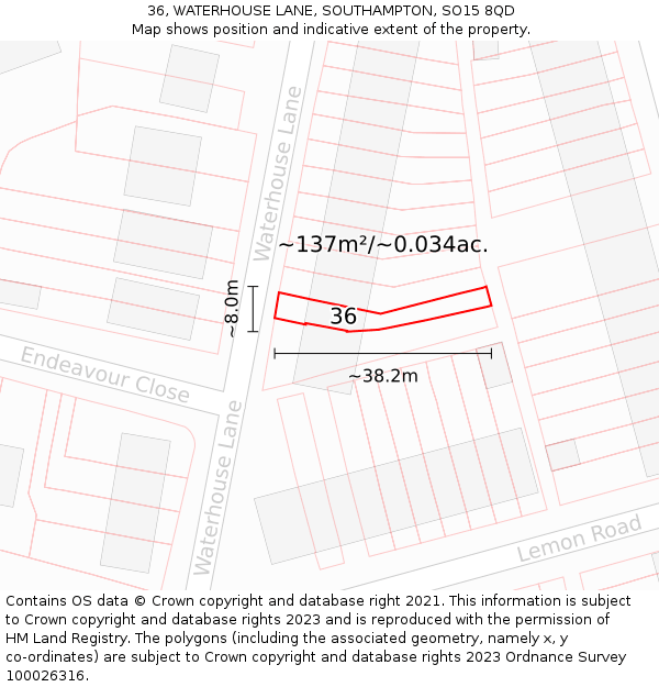 36, WATERHOUSE LANE, SOUTHAMPTON, SO15 8QD: Plot and title map