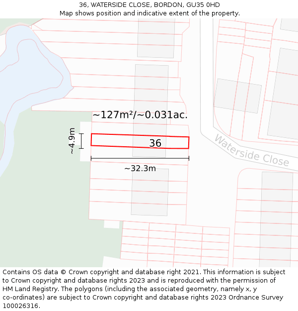 36, WATERSIDE CLOSE, BORDON, GU35 0HD: Plot and title map