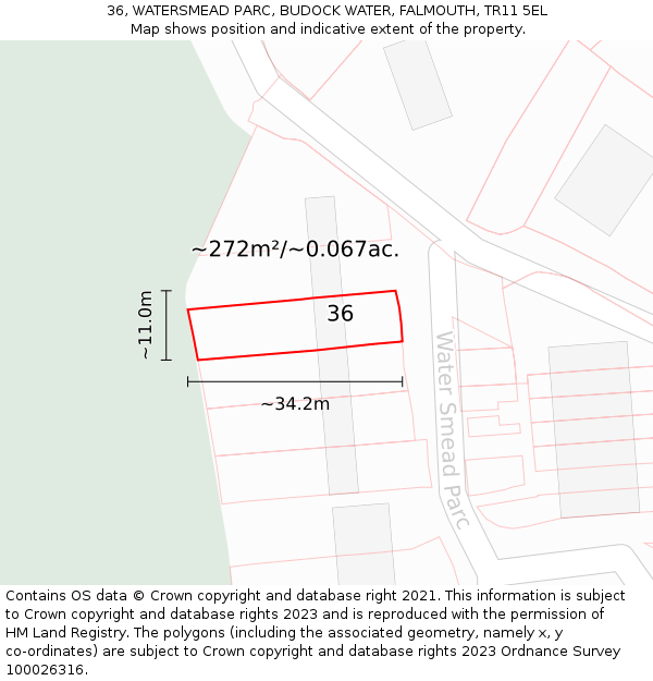 36, WATERSMEAD PARC, BUDOCK WATER, FALMOUTH, TR11 5EL: Plot and title map