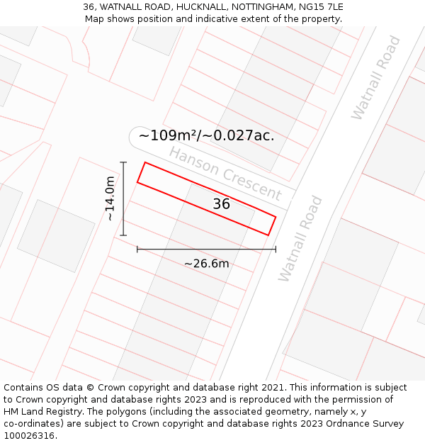 36, WATNALL ROAD, HUCKNALL, NOTTINGHAM, NG15 7LE: Plot and title map