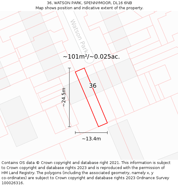 36, WATSON PARK, SPENNYMOOR, DL16 6NB: Plot and title map