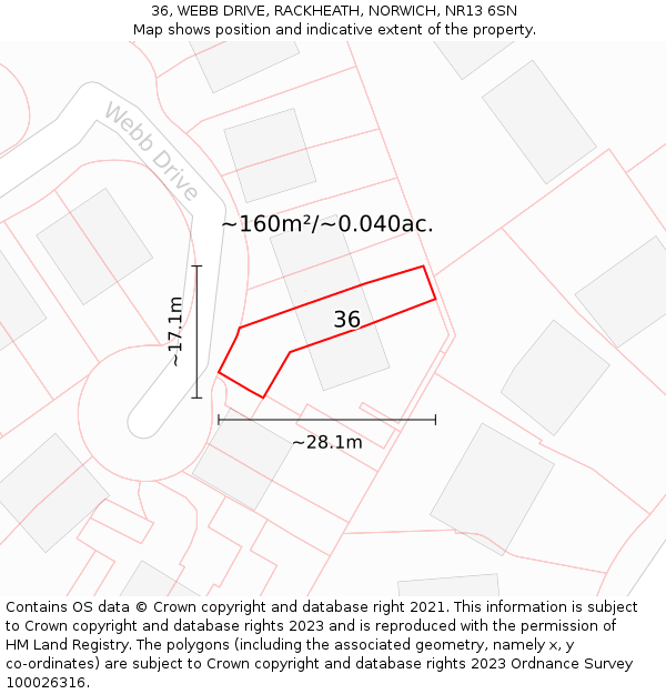 36, WEBB DRIVE, RACKHEATH, NORWICH, NR13 6SN: Plot and title map