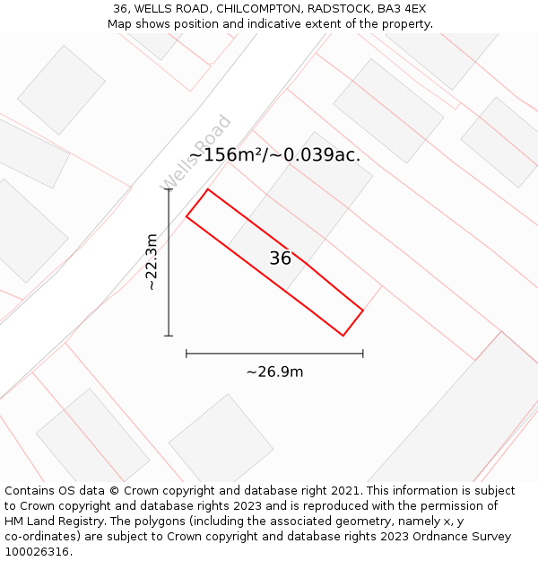 36, WELLS ROAD, CHILCOMPTON, RADSTOCK, BA3 4EX: Plot and title map