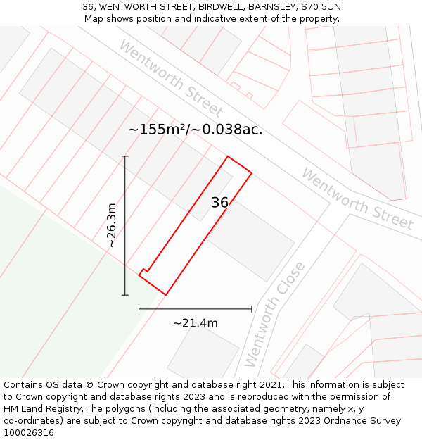 36, WENTWORTH STREET, BIRDWELL, BARNSLEY, S70 5UN: Plot and title map