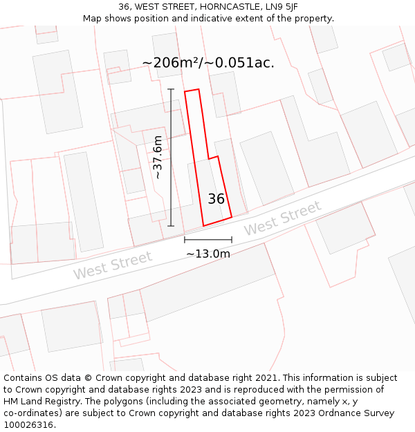 36, WEST STREET, HORNCASTLE, LN9 5JF: Plot and title map
