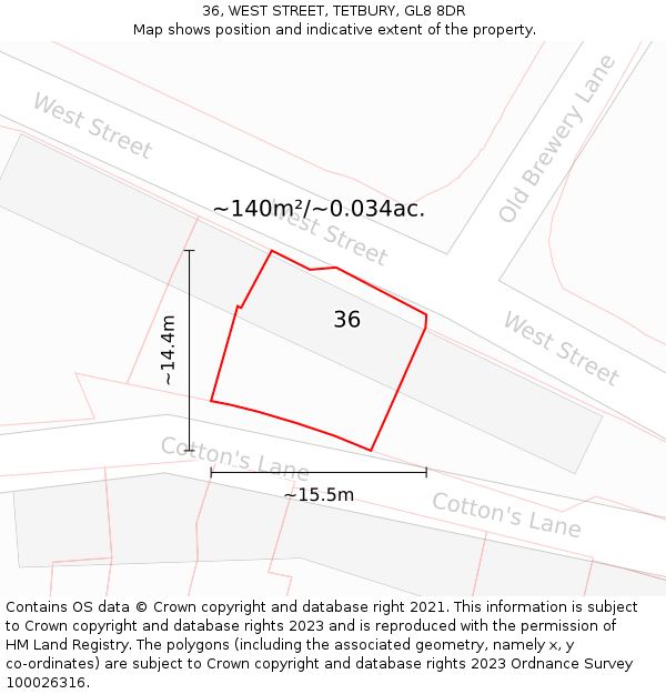 36, WEST STREET, TETBURY, GL8 8DR: Plot and title map