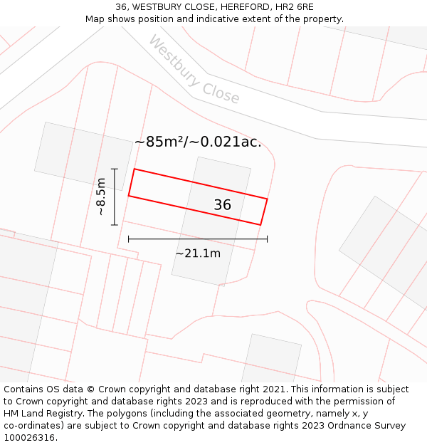 36, WESTBURY CLOSE, HEREFORD, HR2 6RE: Plot and title map