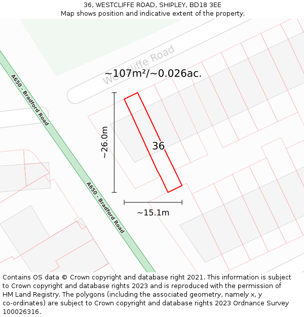36, WESTCLIFFE ROAD, SHIPLEY, BD18 3EE: Plot and title map
