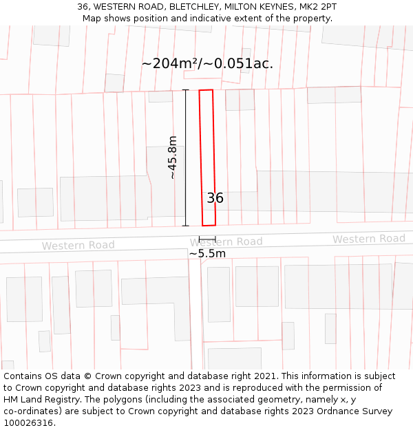 36, WESTERN ROAD, BLETCHLEY, MILTON KEYNES, MK2 2PT: Plot and title map
