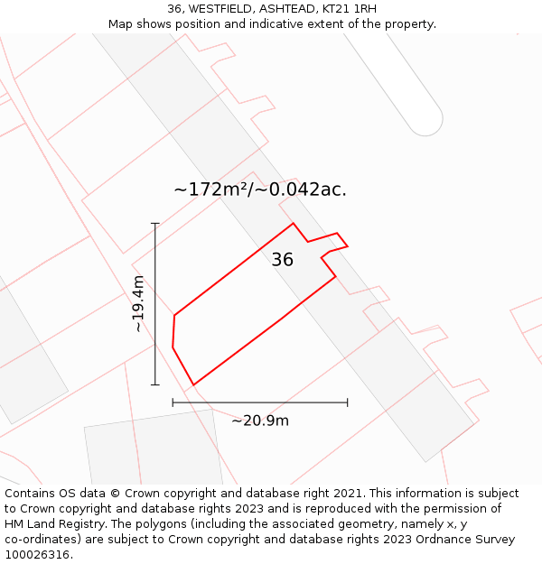 36, WESTFIELD, ASHTEAD, KT21 1RH: Plot and title map