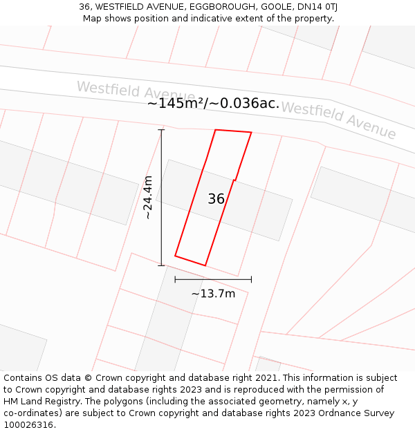 36, WESTFIELD AVENUE, EGGBOROUGH, GOOLE, DN14 0TJ: Plot and title map