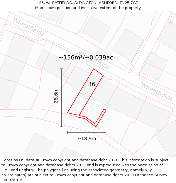 36, WHEATFIELDS, ALDINGTON, ASHFORD, TN25 7GF: Plot and title map