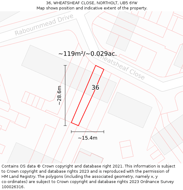 36, WHEATSHEAF CLOSE, NORTHOLT, UB5 6YW: Plot and title map