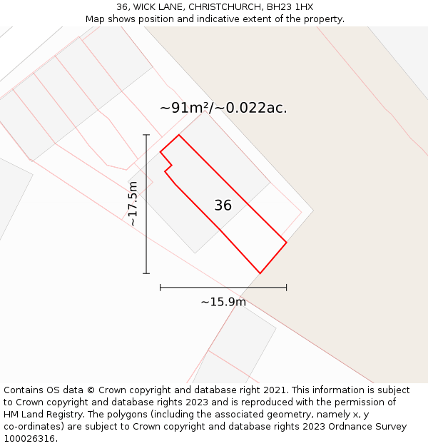 36, WICK LANE, CHRISTCHURCH, BH23 1HX: Plot and title map
