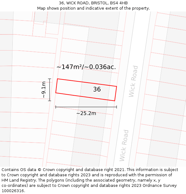 36, WICK ROAD, BRISTOL, BS4 4HB: Plot and title map