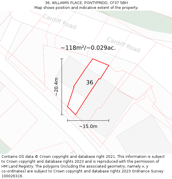 36, WILLIAMS PLACE, PONTYPRIDD, CF37 5BH: Plot and title map