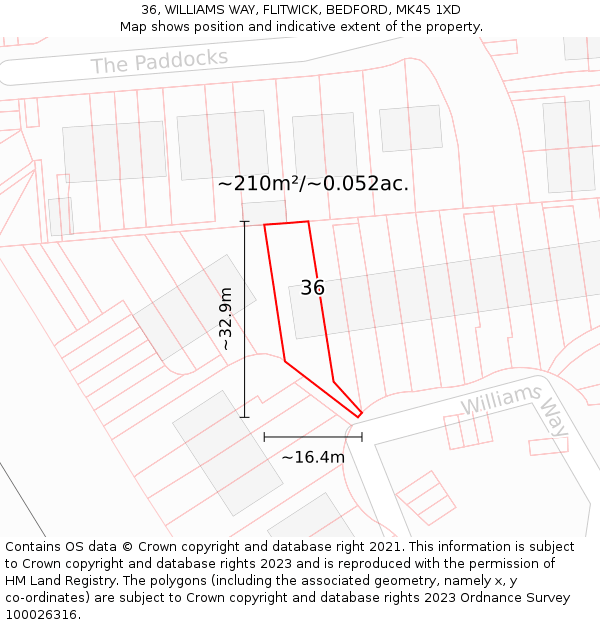 36, WILLIAMS WAY, FLITWICK, BEDFORD, MK45 1XD: Plot and title map
