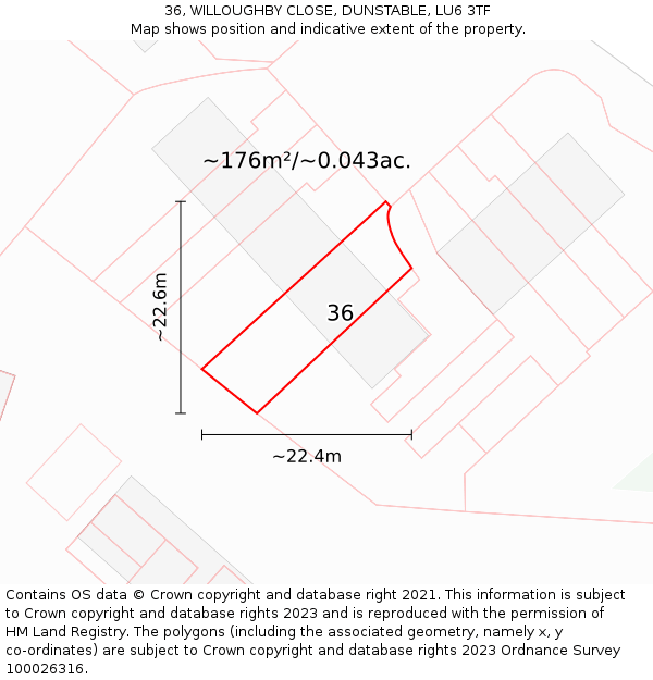 36, WILLOUGHBY CLOSE, DUNSTABLE, LU6 3TF: Plot and title map