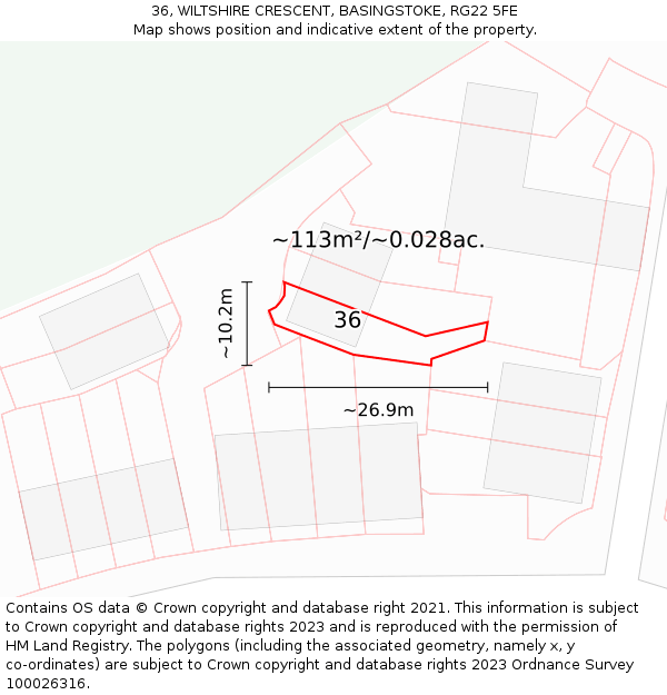 36, WILTSHIRE CRESCENT, BASINGSTOKE, RG22 5FE: Plot and title map