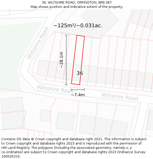 36, WILTSHIRE ROAD, ORPINGTON, BR6 0EY: Plot and title map