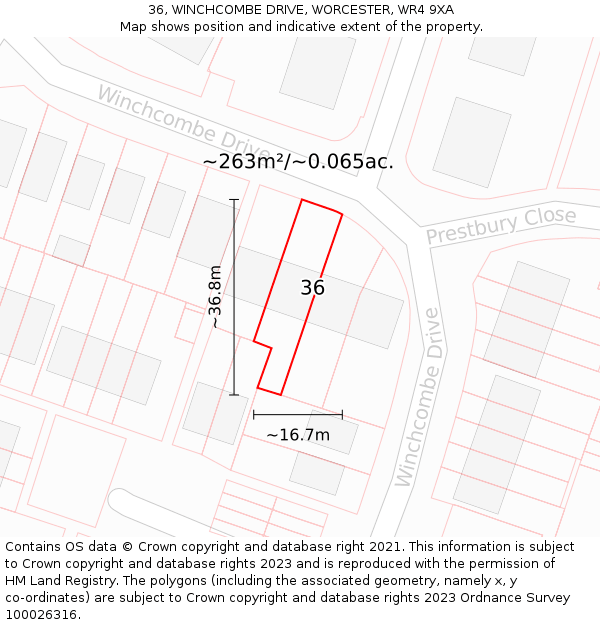 36, WINCHCOMBE DRIVE, WORCESTER, WR4 9XA: Plot and title map
