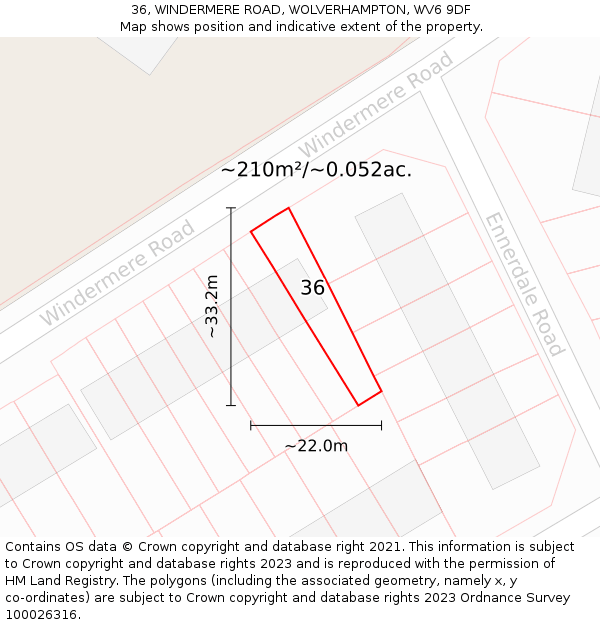 36, WINDERMERE ROAD, WOLVERHAMPTON, WV6 9DF: Plot and title map