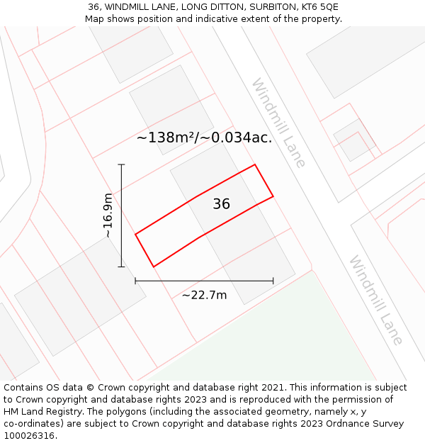 36, WINDMILL LANE, LONG DITTON, SURBITON, KT6 5QE: Plot and title map