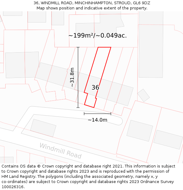 36, WINDMILL ROAD, MINCHINHAMPTON, STROUD, GL6 9DZ: Plot and title map