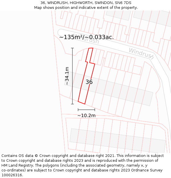 36, WINDRUSH, HIGHWORTH, SWINDON, SN6 7DS: Plot and title map