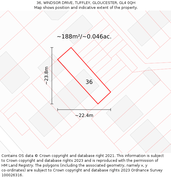 36, WINDSOR DRIVE, TUFFLEY, GLOUCESTER, GL4 0QH: Plot and title map