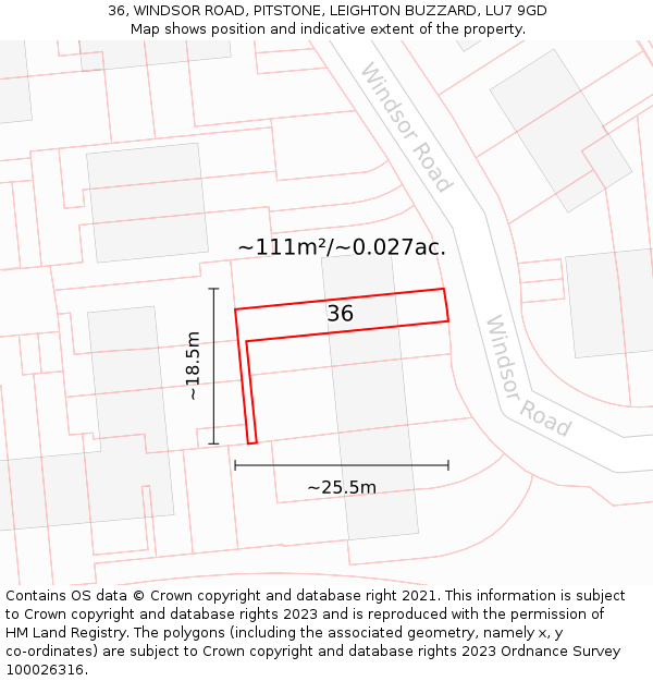 36, WINDSOR ROAD, PITSTONE, LEIGHTON BUZZARD, LU7 9GD: Plot and title map