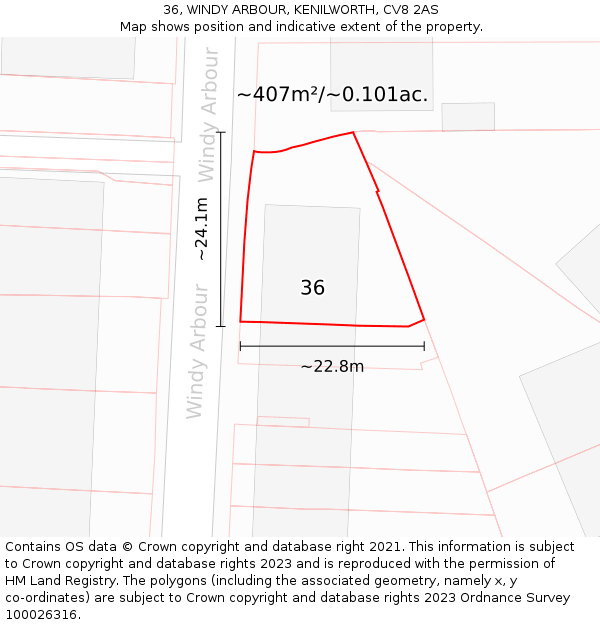 36, WINDY ARBOUR, KENILWORTH, CV8 2AS: Plot and title map