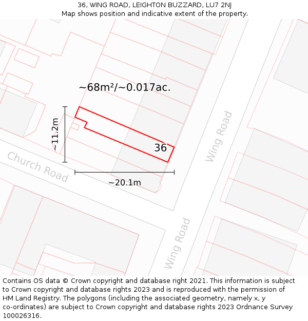 36, WING ROAD, LEIGHTON BUZZARD, LU7 2NJ: Plot and title map