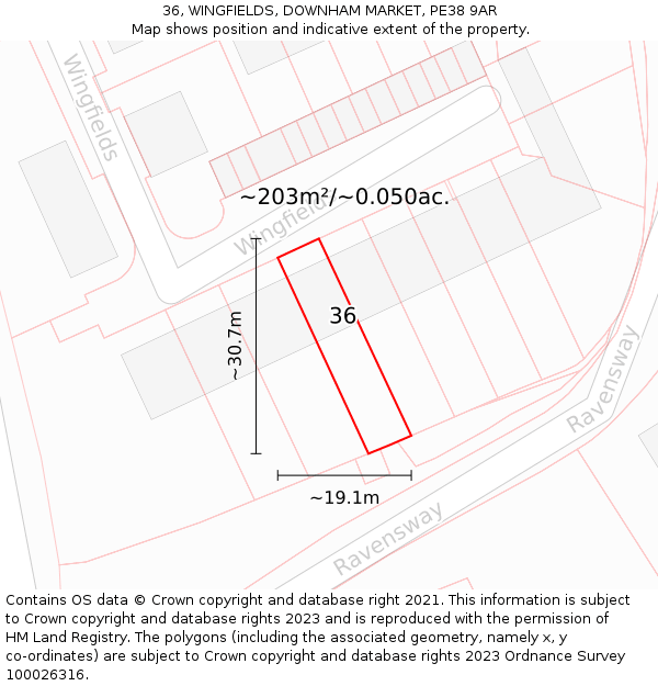 36, WINGFIELDS, DOWNHAM MARKET, PE38 9AR: Plot and title map