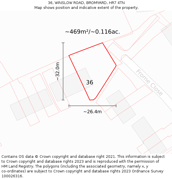 36, WINSLOW ROAD, BROMYARD, HR7 4TN: Plot and title map