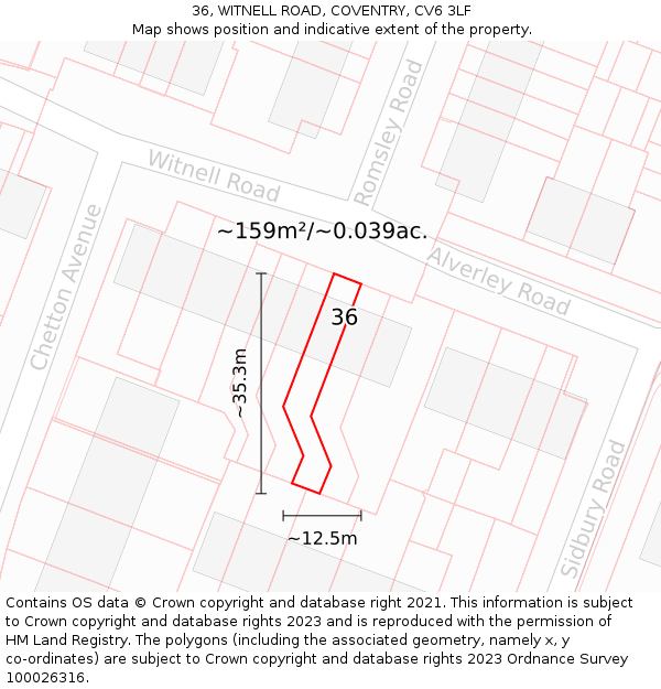 36, WITNELL ROAD, COVENTRY, CV6 3LF: Plot and title map