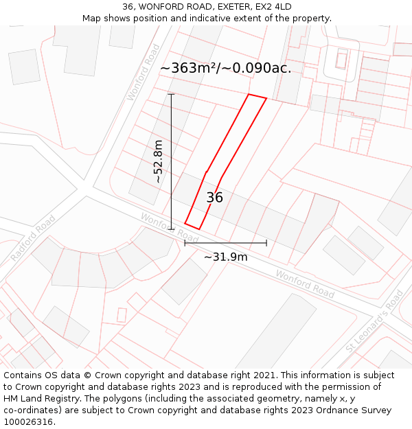 36, WONFORD ROAD, EXETER, EX2 4LD: Plot and title map