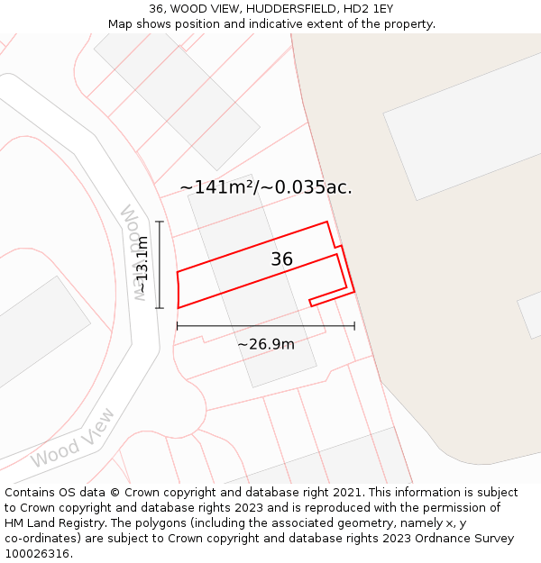 36, WOOD VIEW, HUDDERSFIELD, HD2 1EY: Plot and title map