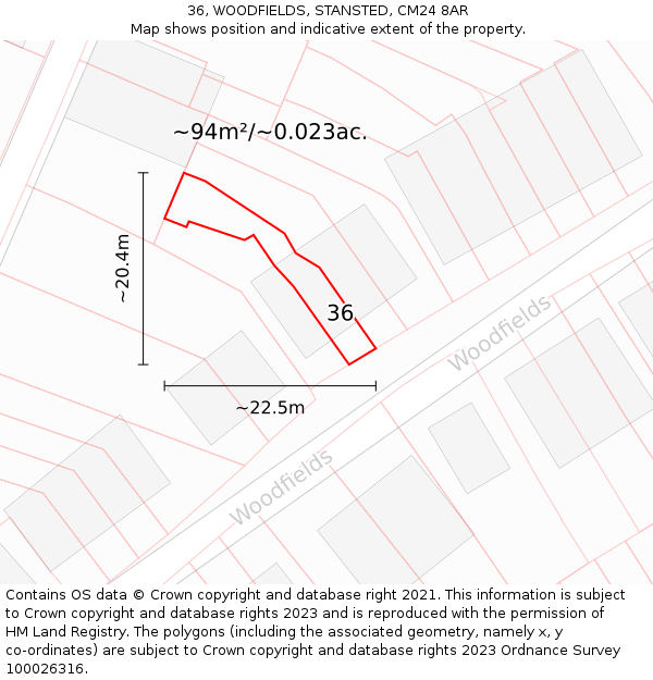 36, WOODFIELDS, STANSTED, CM24 8AR: Plot and title map