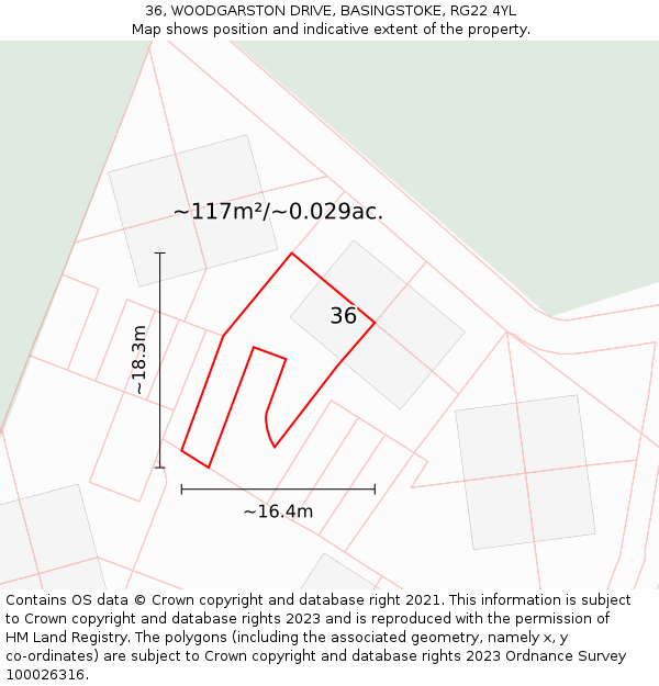 36, WOODGARSTON DRIVE, BASINGSTOKE, RG22 4YL: Plot and title map