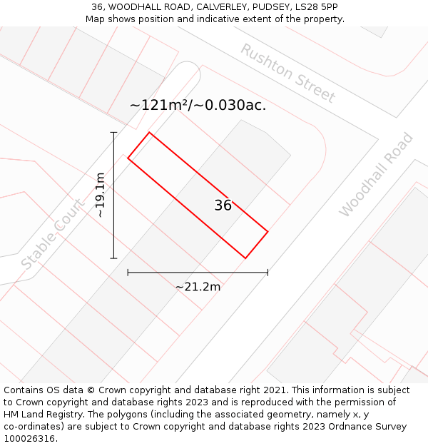 36, WOODHALL ROAD, CALVERLEY, PUDSEY, LS28 5PP: Plot and title map