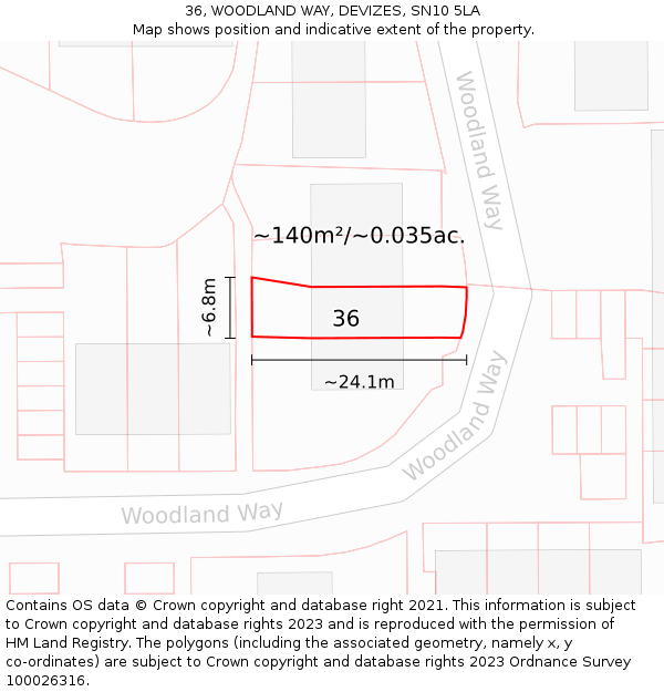 36, WOODLAND WAY, DEVIZES, SN10 5LA: Plot and title map
