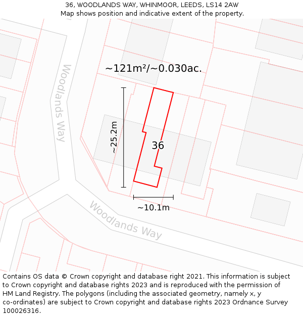 36, WOODLANDS WAY, WHINMOOR, LEEDS, LS14 2AW: Plot and title map