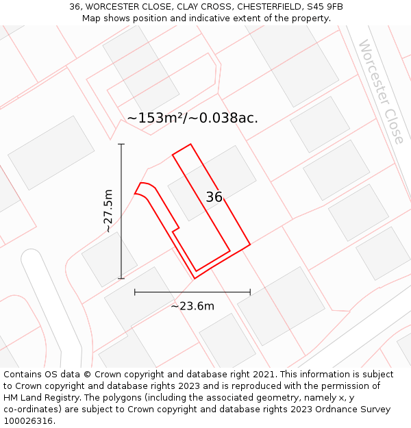 36, WORCESTER CLOSE, CLAY CROSS, CHESTERFIELD, S45 9FB: Plot and title map