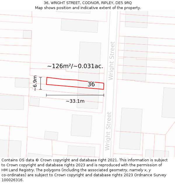 36, WRIGHT STREET, CODNOR, RIPLEY, DE5 9RQ: Plot and title map