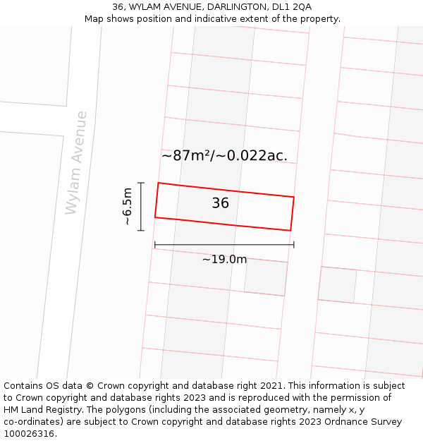 36, WYLAM AVENUE, DARLINGTON, DL1 2QA: Plot and title map