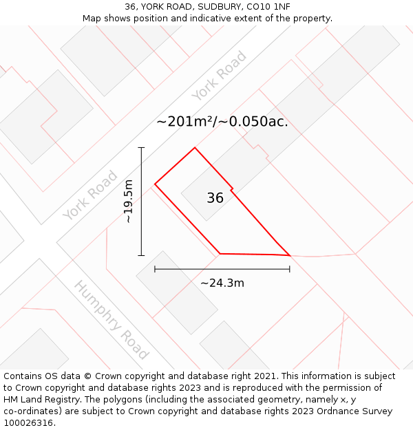 36, YORK ROAD, SUDBURY, CO10 1NF: Plot and title map