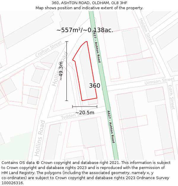 360, ASHTON ROAD, OLDHAM, OL8 3HF: Plot and title map